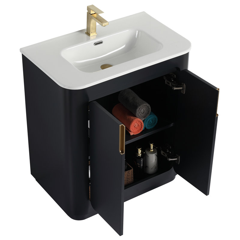 Atticus 30 Inch Bathroom Vanity with Sink, Black/Satin Brass