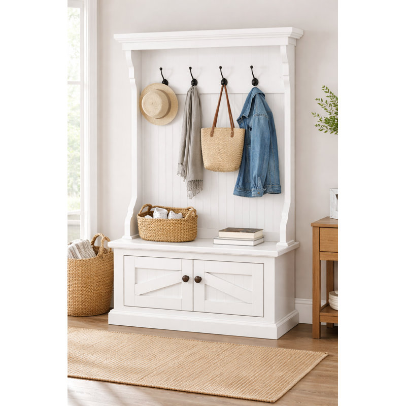 Kinley Hall Tree 37.5'' Wide with Bench and Shoe Storage, Bright White