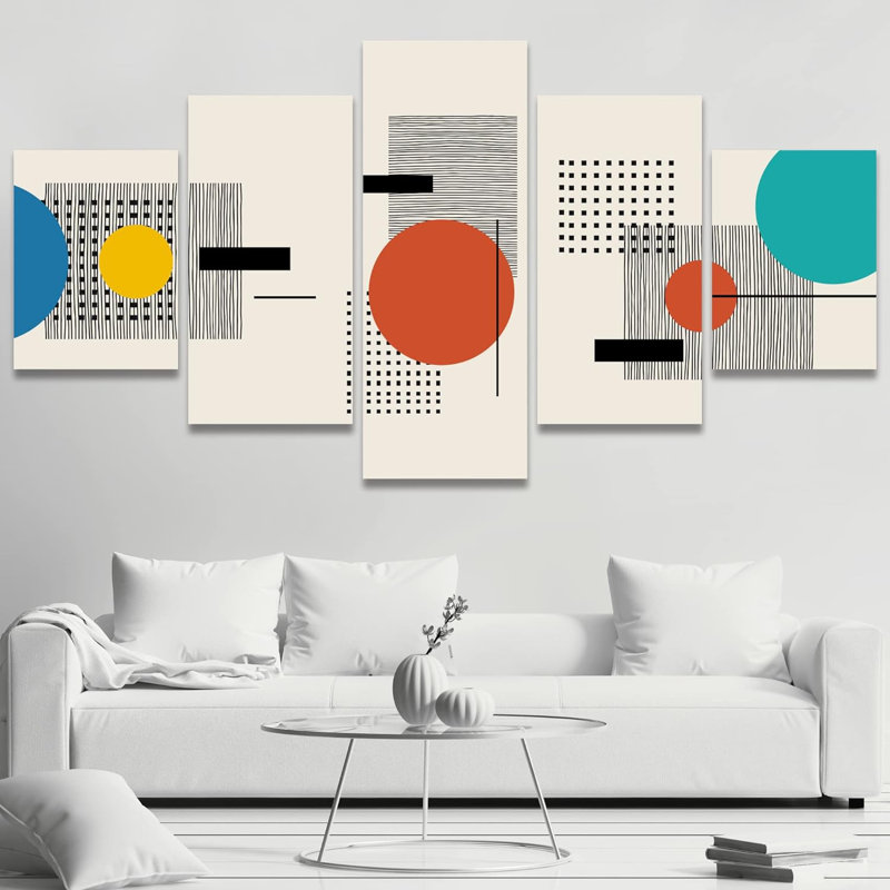 Abstrait, blocs de couleurs vibrantes, Mid-Century moderne, peinture colorée, grille de points, paysages, formes abstraites, illustrations, art moderne, 5 pièces