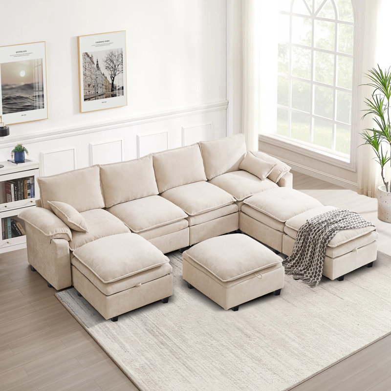 8 Seat Chenille U Shaped Modular Sectional Sofa With Storage, Beige