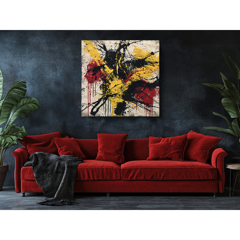 Reproduction d'art moderne sur toile, éclaboussures de peinture noire, jaune et rouge, 18 po x 18 po