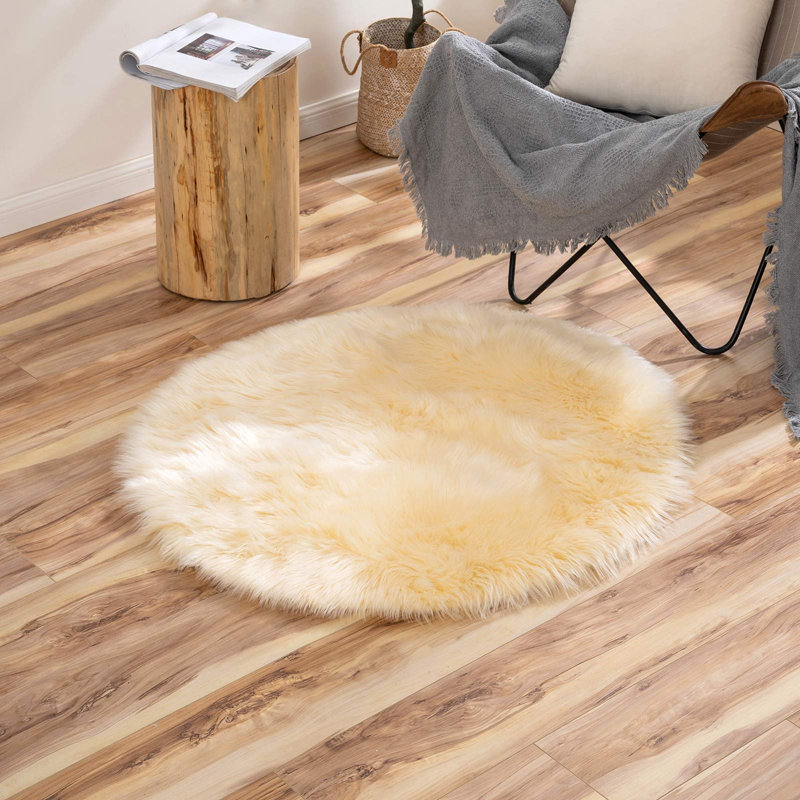 Yellow Shag Faux Sheepskin Fur Rug, Round 6'6''