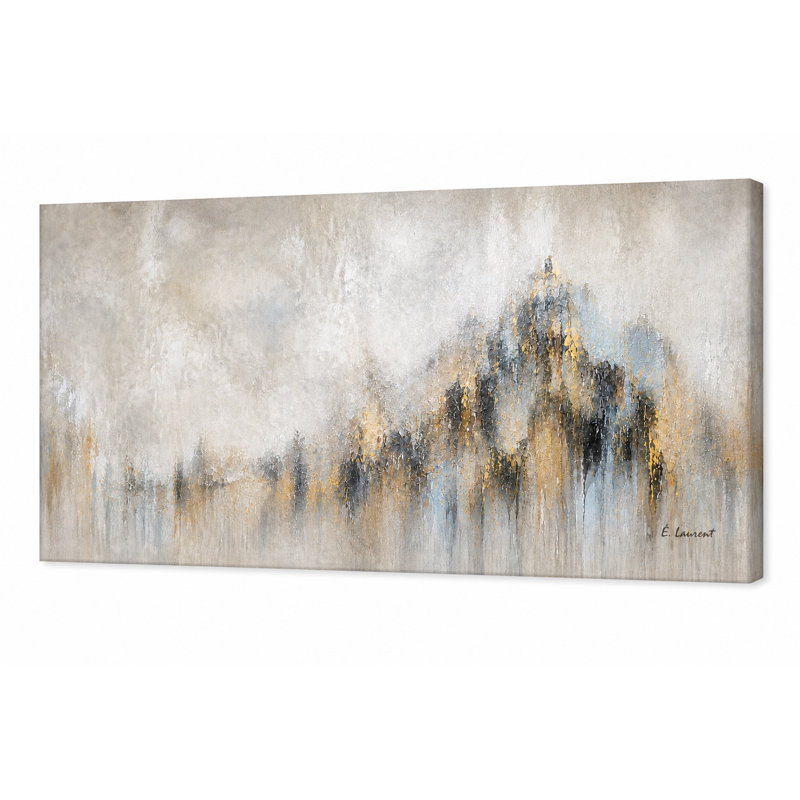Tableau panoramique abstrait de montagne gris brumeux et or sur toile tendue, 20" H x 40" W x 1.5" D