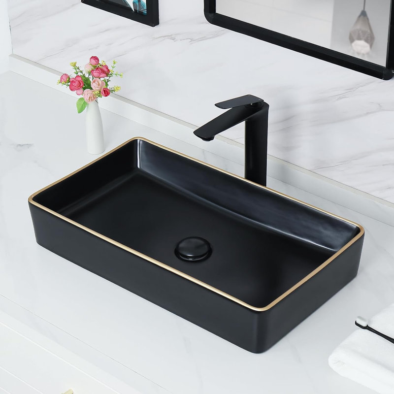 Davivy 23.6"x13.4" Ceramic Black Bathroom Vessel Sink with Gold Trim Counter Top Sink