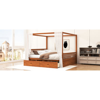 Walnut King Canopy Bed With Built - In Storage, Clean Lines, Easy Setup Size And Construction, Classic Design