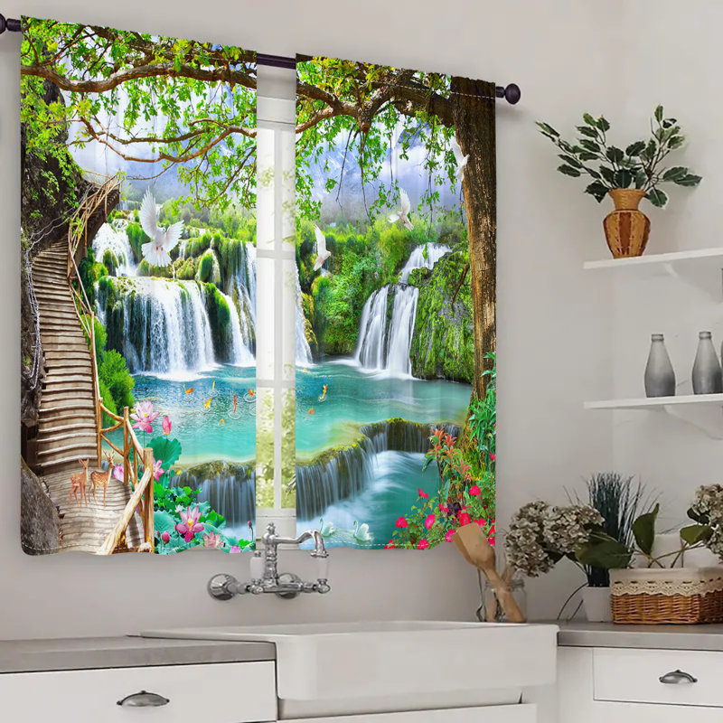 2Pcs Waterfall Landscape Curtains Nature Scenery Print White Doves Lake View Window Drapes Turquoise Water Lotus Flowers Rod Pocket Light Filtering for Living Room Bedroom Kitchen Patio Door Home Decor