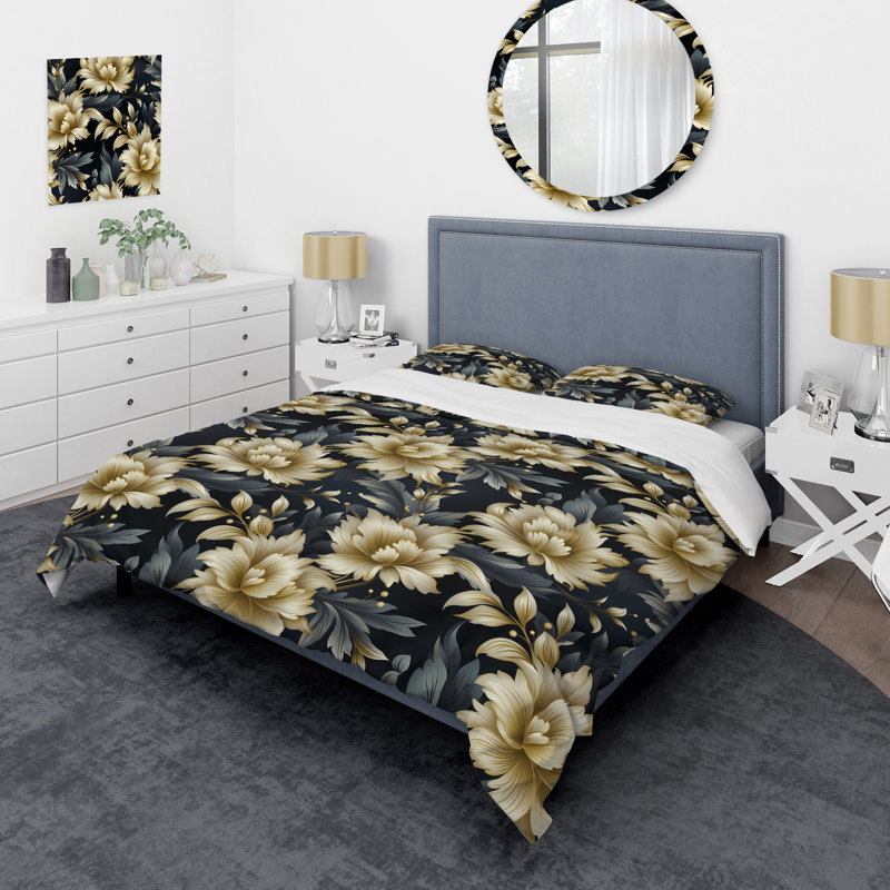 Black And Beige Damask Flower Opulence - Ensemble de housse de couette damassé