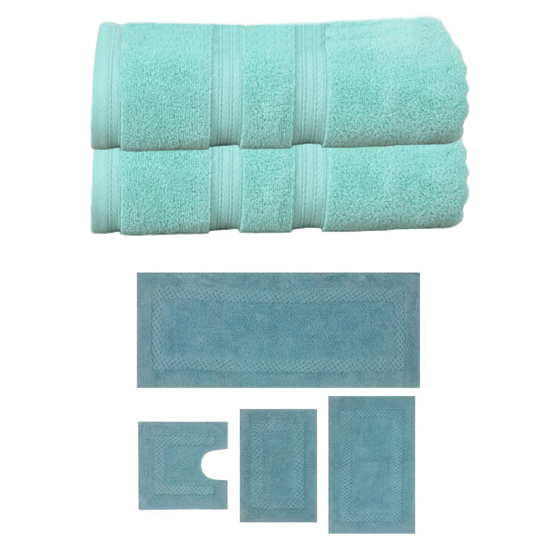 Bublitz Classy Bath Mat 100% Soft Cotton Towel Set & Bath Rug Combo, 6 Piece Towel Set, Turquoise