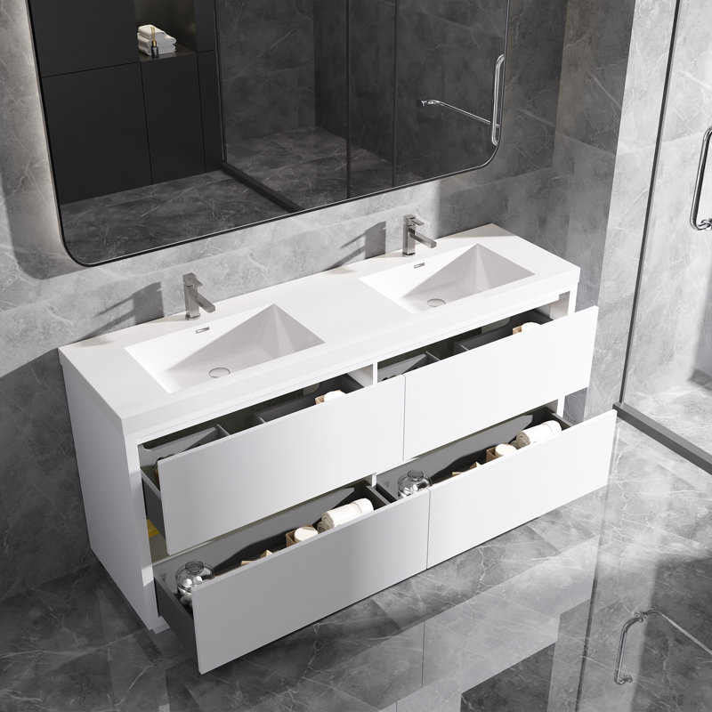 Meuble-lavabo autoportant avec comptoir à double surface en blanc pour salle de bain, 72", Blanc