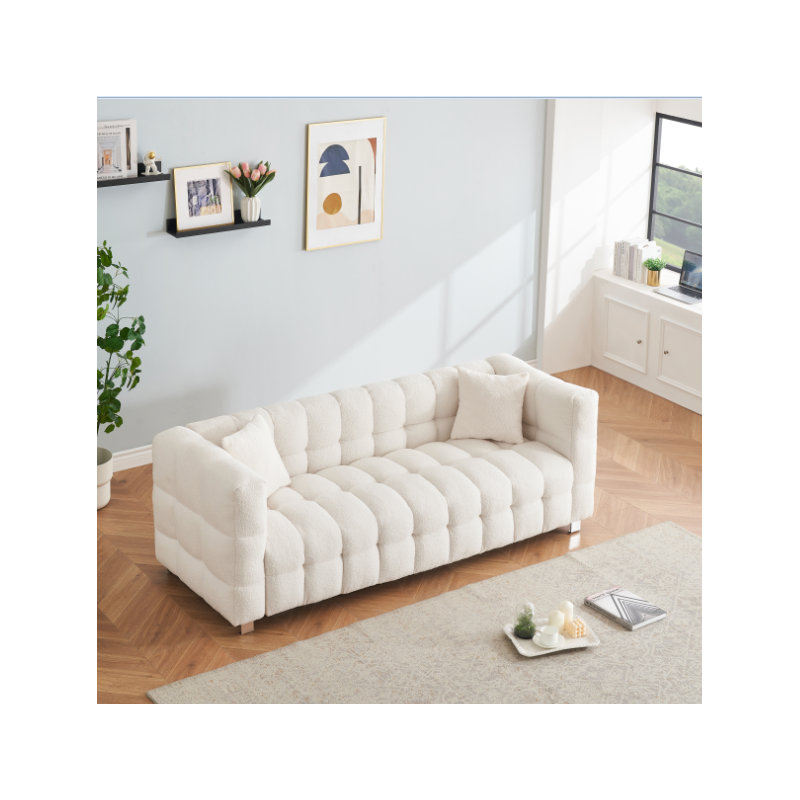 80-Inch Teddy Bear Wool Sofa, Suitable For Living Room Or Bedroom, Including Two Throw Pillows And Metal Legs For Support