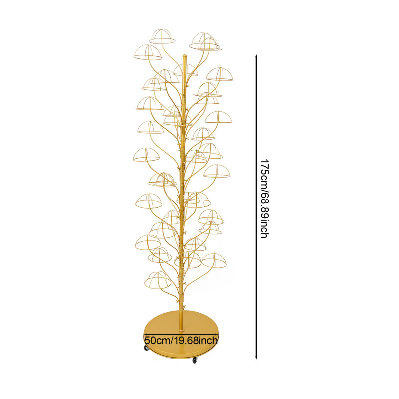 Gold 19.69" W x 19.69" D x 68.90" H Tree-Like Hat Rack, 35-Tier Metal Boutique Display Stand with Dome-Shaped Holders, Gold