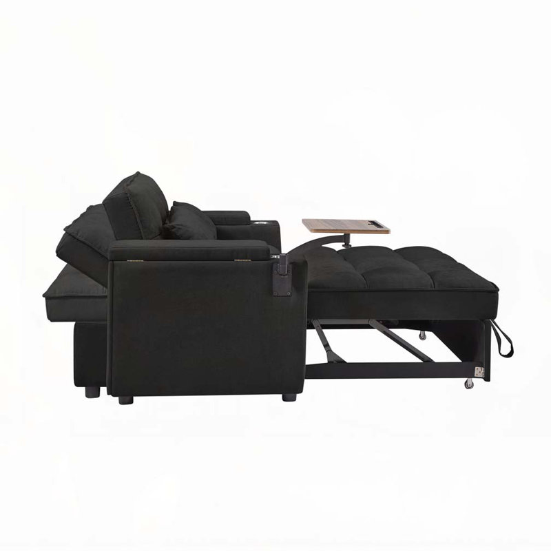 Canapé-lit chenille en tissu avec accoudoirs de rangement, port USB et table d'appoint, Noir