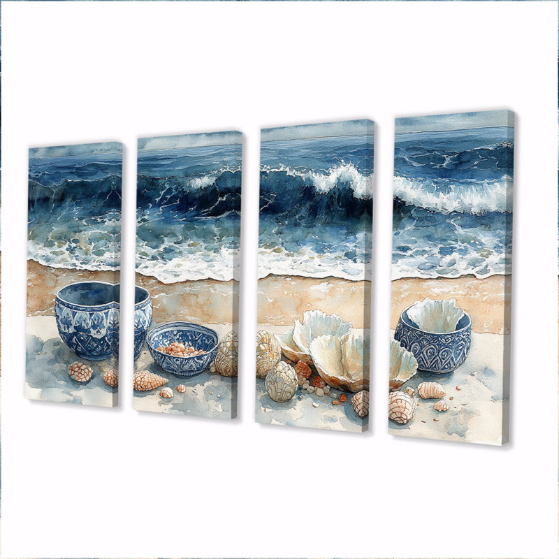 Beach Pottery In Blue And White Tones IV - Beach Pottery Canvas Art Set, 32" H x 64" W