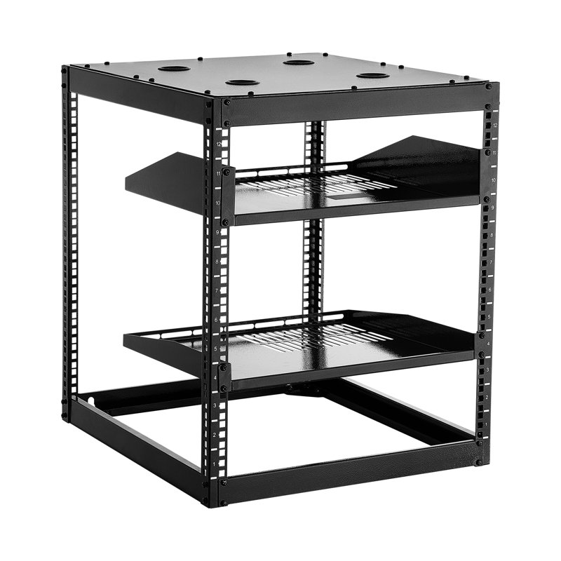 Support réseau 12u à cadre ouvert, profondeur de 23 po, fixation murale ou au sol, tablettes ventilées, soudures à haute résistance, idéal pour les petits espaces de bureau à 4 colonnes robustes, maximise les espaces, supporte l'équipement