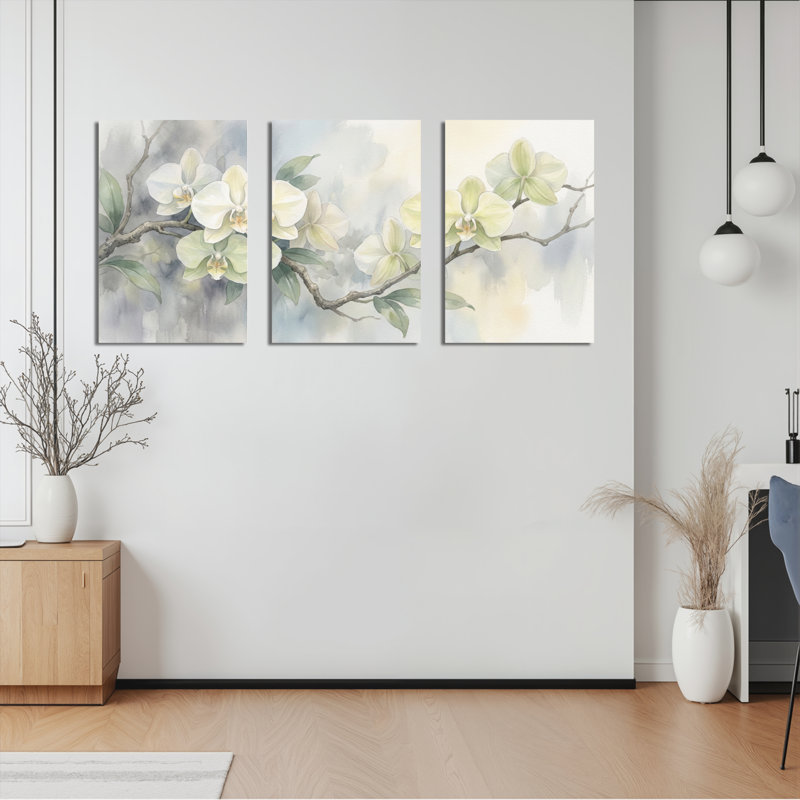 Ensemble de 3 tableaux muraux aquarelle représentant des orchidées blanches, parfaits pour le salon, la chambre ou la décoration intérieure.