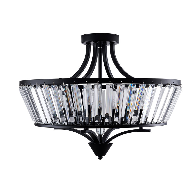 Plafonnier semi-encastré moderne en métal et cristal noir mat de 20 po à 4 lumières pour salon / chambre à coucher, Noir mat