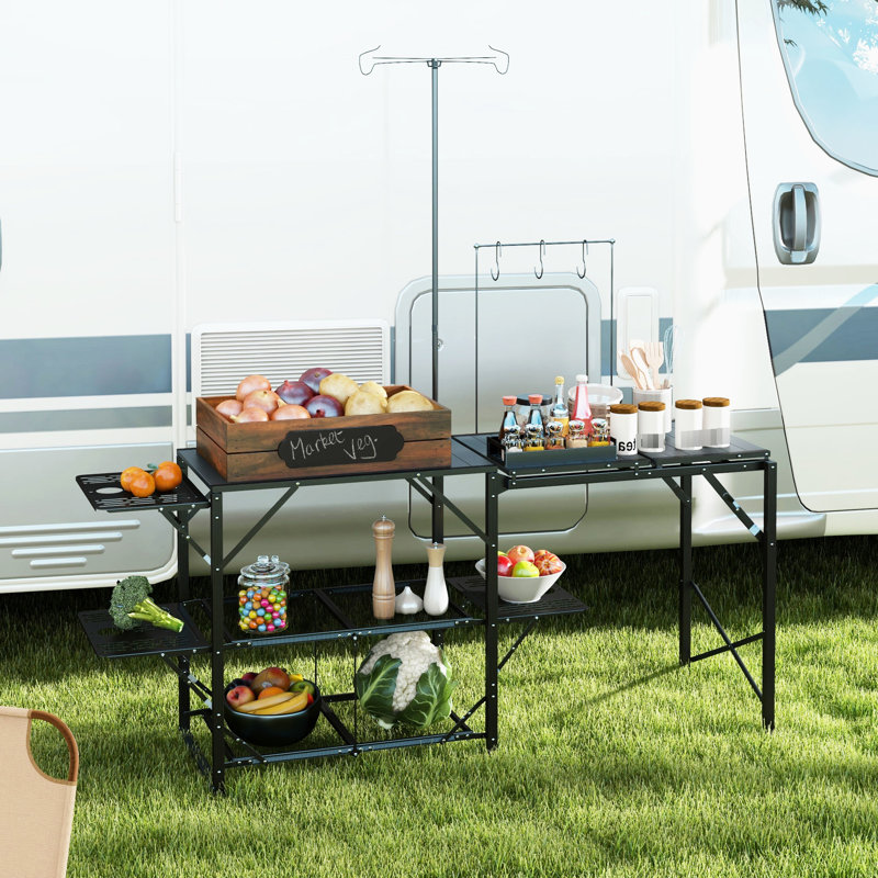 Table de cuisson de voyage avec structure portative, support de lampe réglable et outils de suspension, support de pique-nique, crochets, rangement spacieux