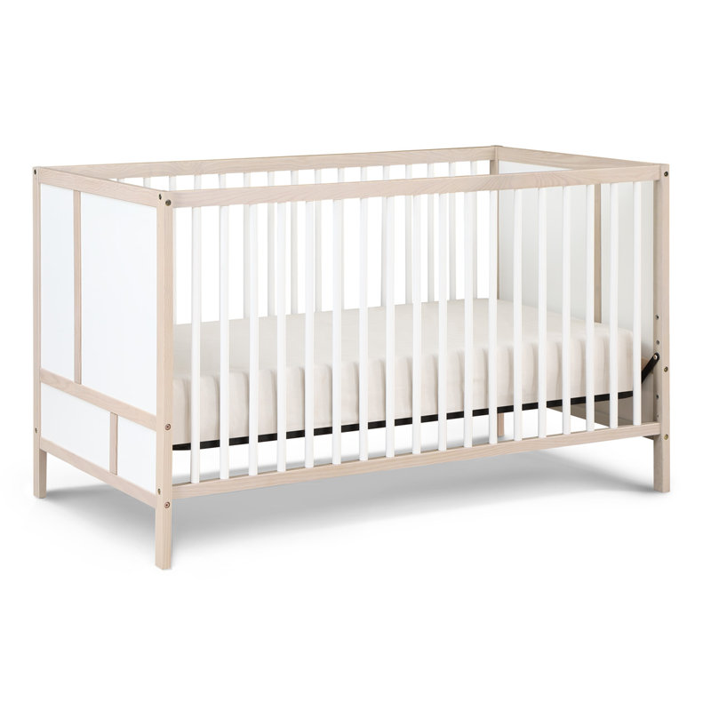 Lit de bébé en bois convertible Pixie Finn 3-en-1 avec broches rondes, Blanc naturel délavé