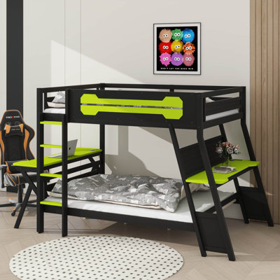 Full Size Bunk Bed Equipped With 2 Integrated Desks, USB Desktop Outlets & Pegboard Storage
