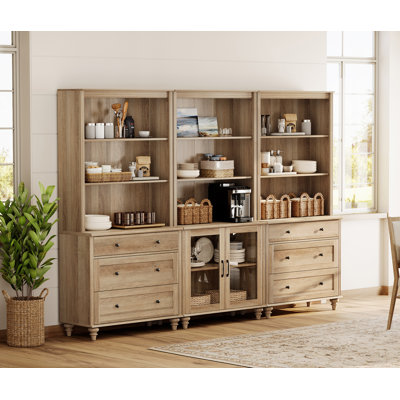 Buffet Dalontae avec huche de bar, buffet avec 2 portes en verre, 6 tiroirs et 3 tablettes à niveaux