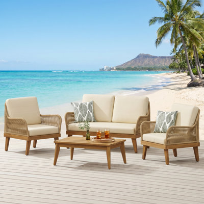Outdoor 4-Piece Acacia Wood Chat Set with Rope Weave, Water-Resistant Cushions – Teak Finish