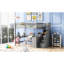 Lit mezzanine double de couleur grise avec bureau intégré et tablettes - étagère de lit fonctionnelle avec escalier de rangement et solution de rangement-1759504134