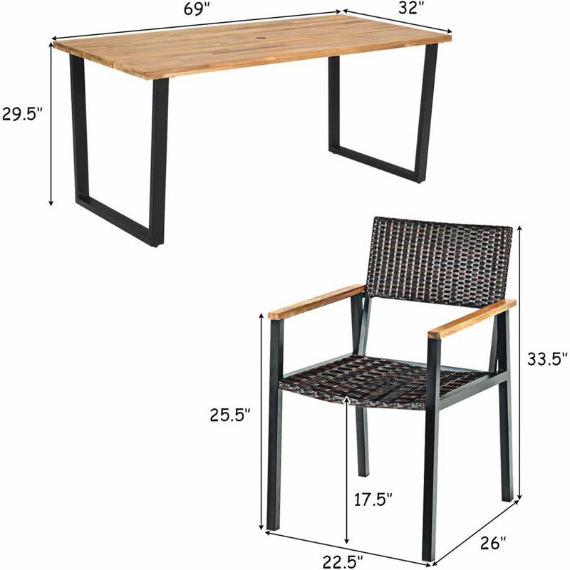 Acacia Wood and Black Metal 6-Person Outdoor Dining Set with Rattan Chairs