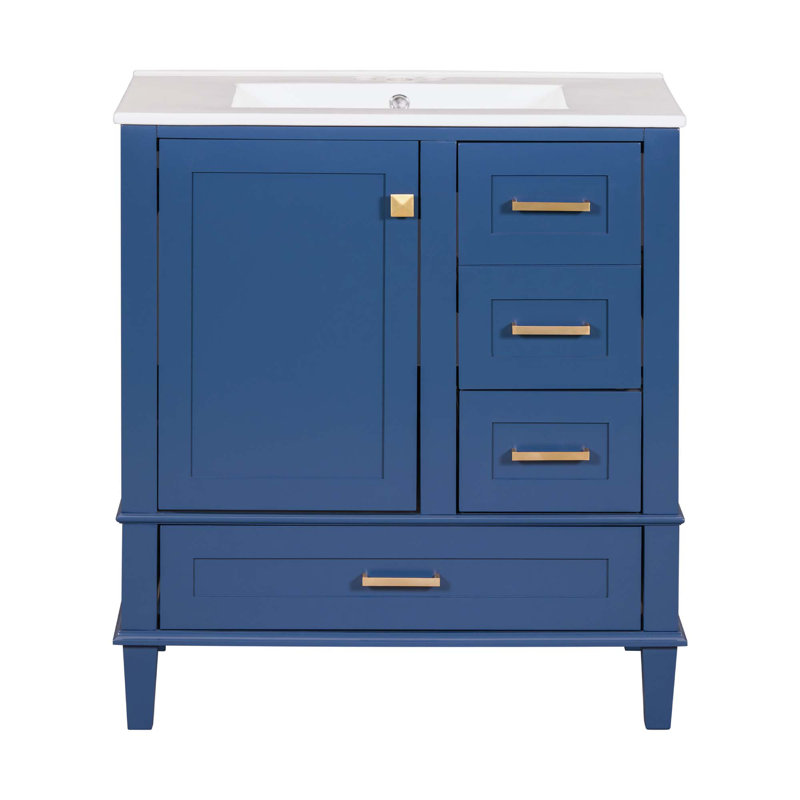 Meuble-lavabo moderne avec lavabo, 1 porte à fermeture douce et 3 tiroirs, Bleu