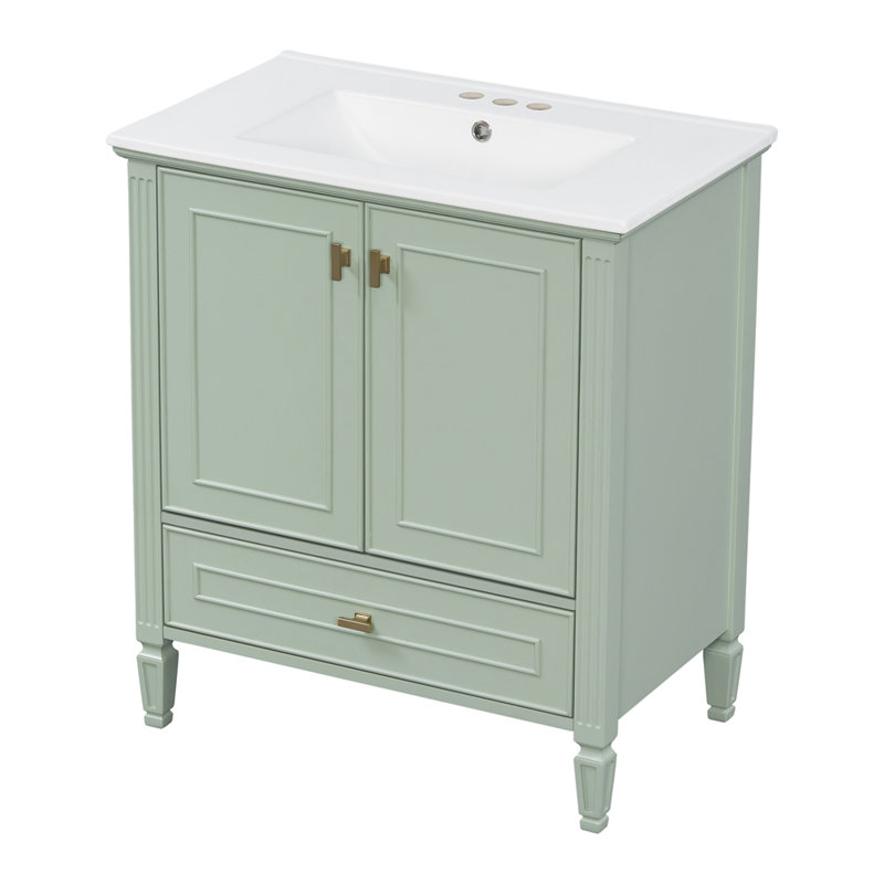 Meuble-lavabo de 30 po avec lavabo, meuble-lavabo autoportant avec 1 tiroir et 2 portes à fermeture en douceur avec rangement pour porte, structure et pieds en bois massif, un paquet