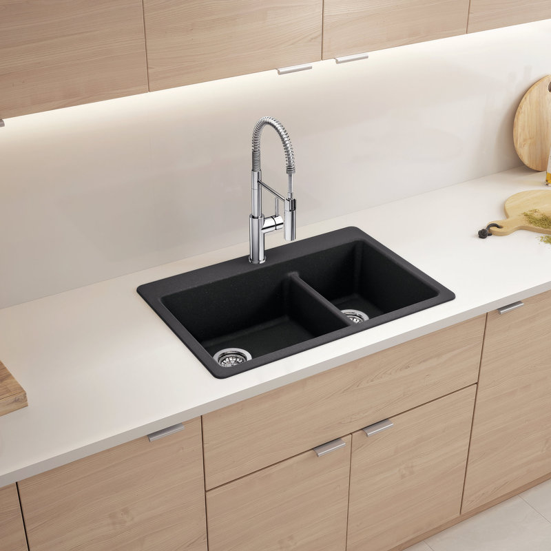 Liven SILGRANIT 33" L x 22" W Double Basin Drop-In/Undermount Kitchen Sink, White