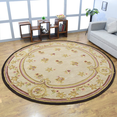 Tapis écologiques en laine touffetée à la main Pinnell - Rond, crème, design oriental, tapis épais antidérapants faits à la main pour salon, chambre à coucher