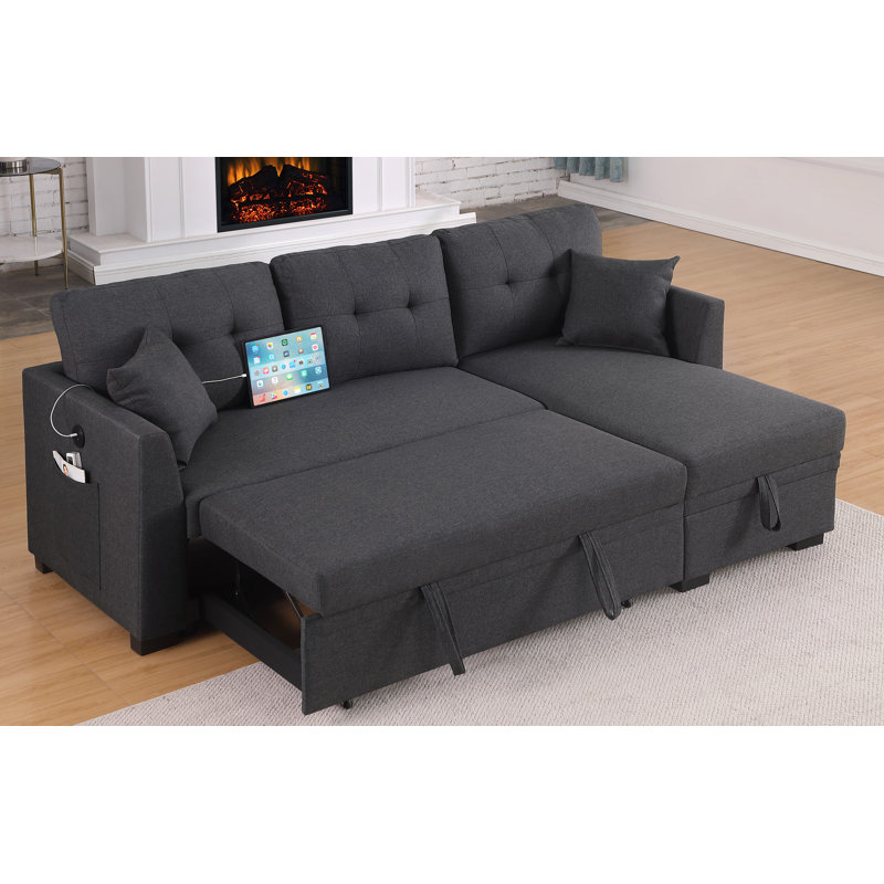 L-Shaped Sleeper Sofa Reversible Couch Pull Out Couch With Storage Chaise, Dark Gray Linen