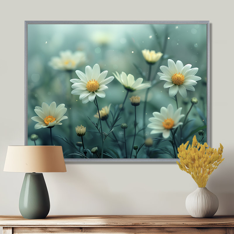 Nirvana blanc et blanc - marguerites, art mural, Encadrement argenté, H 30 po x l 40 po x P 1,5 po