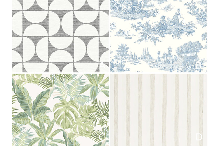 Collage of abstract, toile, palm leaves, and striped patterned wallpaper options labeled A, B, C, and D.