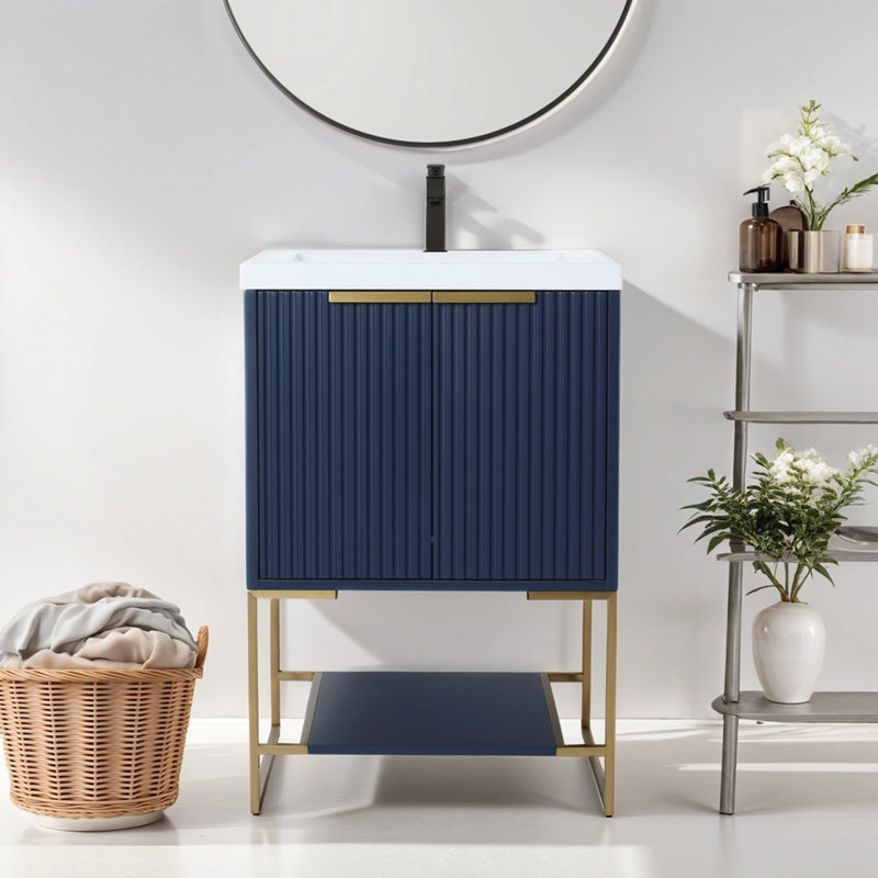 Meuble-lavabo simple avec plateau en résine Francella, Bleu marine, Or