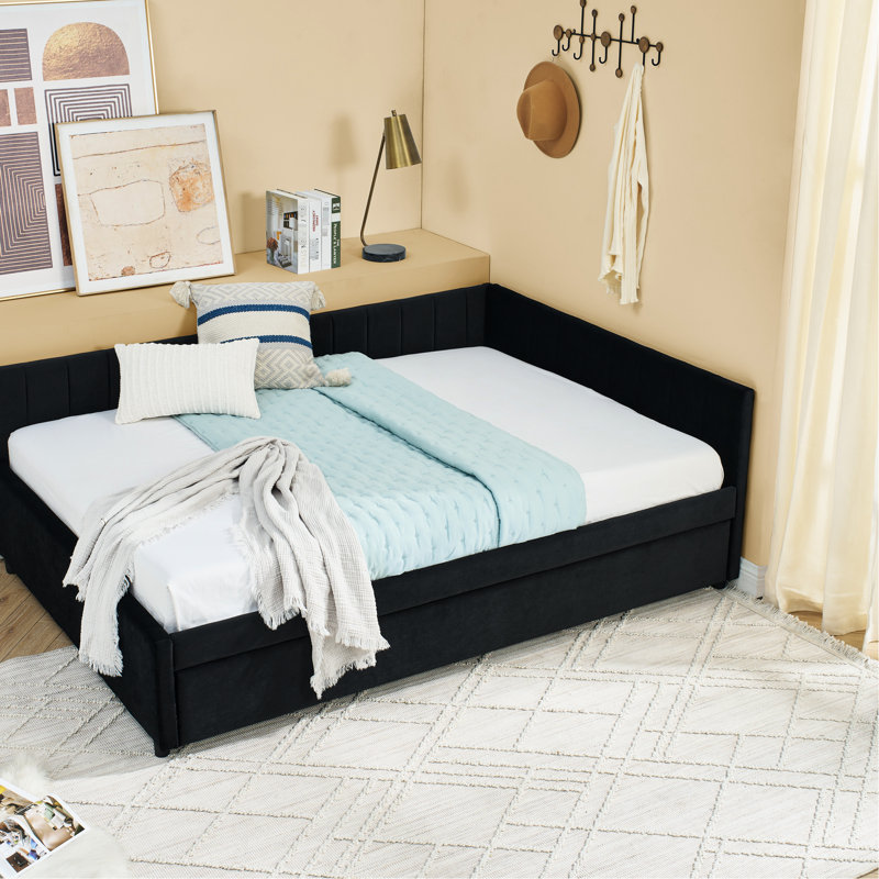 Full Size Upholstered Daybed In Black Velvet With Trundle, Bed Frame Featuring Comfortable And Arm Support, Vertical Stripe Pattern For A Mid - Century Cute Aesthetic, Suitable Living Room Bedroom,
