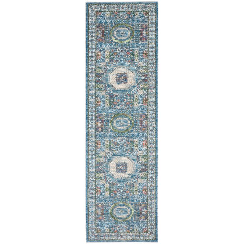 Ankara Global Bordered Ivory Light Blue Area Rug, Runner 2'4" x 8'