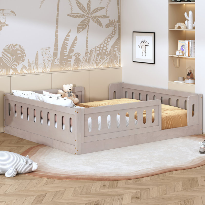 Wood Floor Bed with Semi-Enclosed Guardrails, Natural, Full