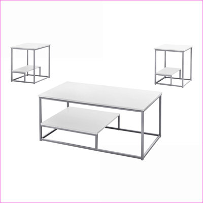3-Piece Contemporary Coffee Table Set for Living Room – White Laminate Top, Grey Metal Frame, Extra Storage Shelf