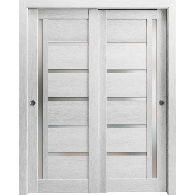 Panelled Wood Quadro Sliding Closet Doors, 72" x 84", Light Grey Oak