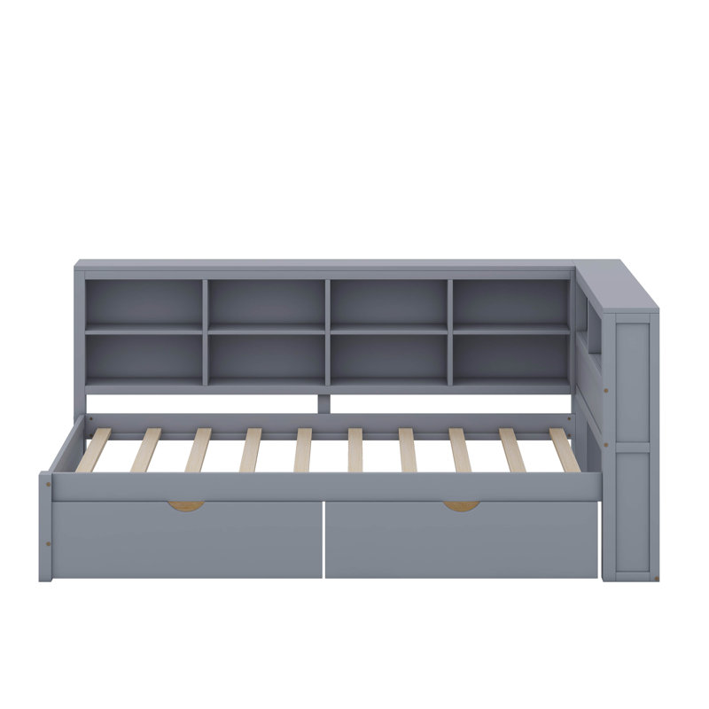Lit de jour simple en bois avec tiroirs, tablette et ports de chargement USB, Gris
