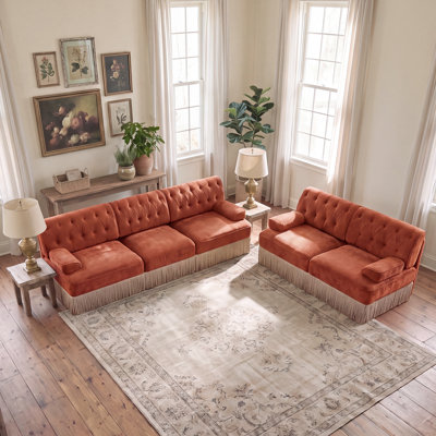 2‑Piece Sofa Set, 1Pc 2‑Seater & 1Pc 3‑Seater Button Tufted Velvet Couch with Tassel Skirt, for Living Room