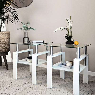 De 2 tables basses en verre trempé, design carré moderne pour la pièce, transparent / blanc, capacité de poids de 150 lb, 2 pièces de table de bout faciles à assembler et à nettoyer, carré, mobilier de salon, filet de 33 lb