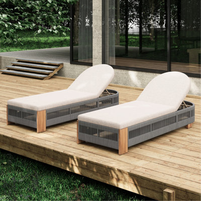 Bois, extérieur, chaise longue réglable non rembourrée, corde grise, fer naturel, différents réglages d'inclinaison