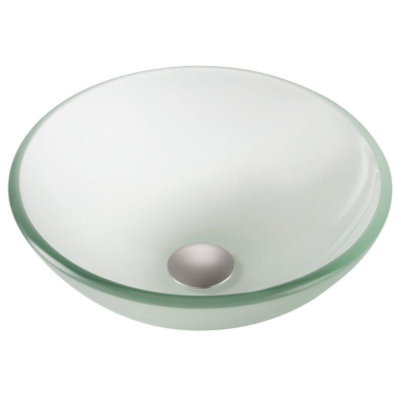 Kraus 14 Inch Glass Vessel Sink in Frosted with Pop-Up Drain, Satin Nickel