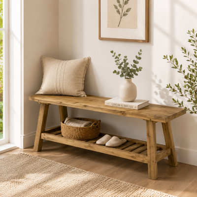 Banc en bois massif - Banc de ferme moderne de 43,3 po avec tablette de rangement, banc à chaussures d'entrée pour couloir, salon, chambre à coucher, cuisine et salle à manger