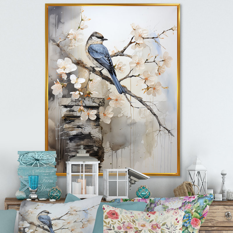 Asian Art Bird Sumi V - impressions sur toile asiatiques, H 40 po x l 30 po x P 1,5 po, Cadre flottant doré
