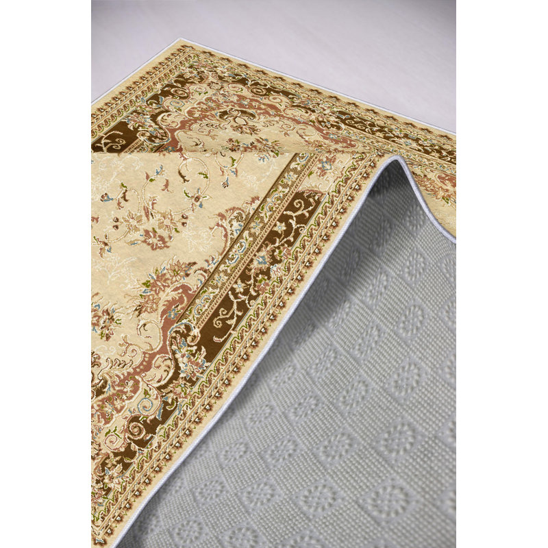 Tapis écologique (4,6 x 7,2 pi), 100% polyester, 650 g / m², antibactérien, impression numérique, envers en PVC antidérapant | Lavable à la machine, beige, crème et brun clair | Parfait pour le salon et la chambre à coucher