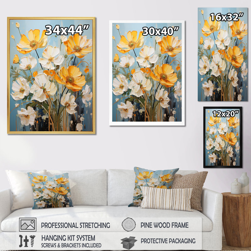 Reproduction d'art sur toile jaune et blanc avec boutons d'or néon et soleil I, H 44 po x l 34 po x P 1,5 po