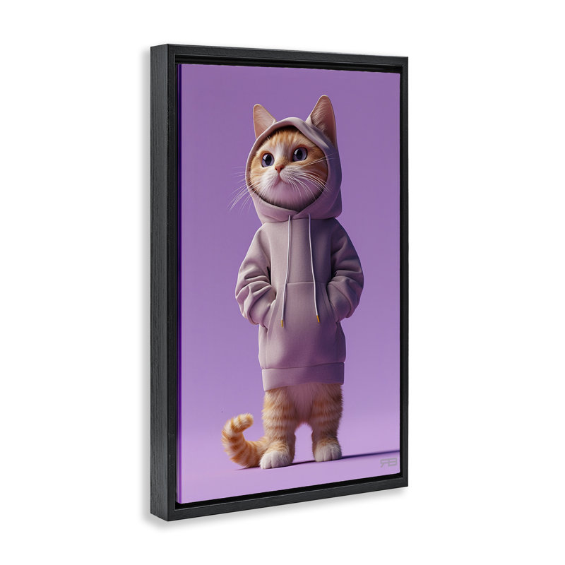 Chat tendance en toile mauve encadrée par Roozbeh Bahramali, H 25 po x l 17 po, Cadre flottant noir de jais